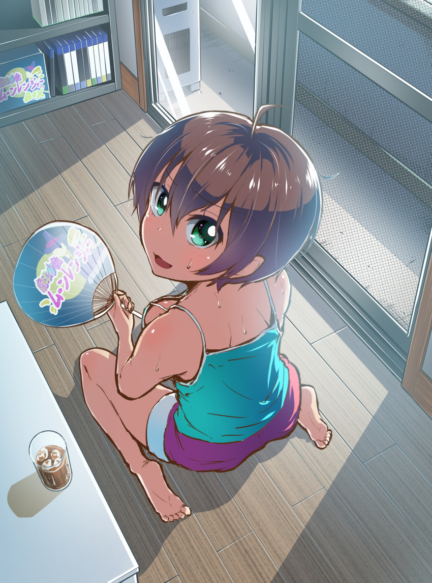 absurdres ahoge air_conditioner balcony blu-ray brown_hair camisole cup drinking_glass dvd_case fan from_behind glass_door green_eyes highres ice ice_cube looking_back new_game! screen_door shelf shinoda_hajime short_hair shorts sliding_doors sweat t~t