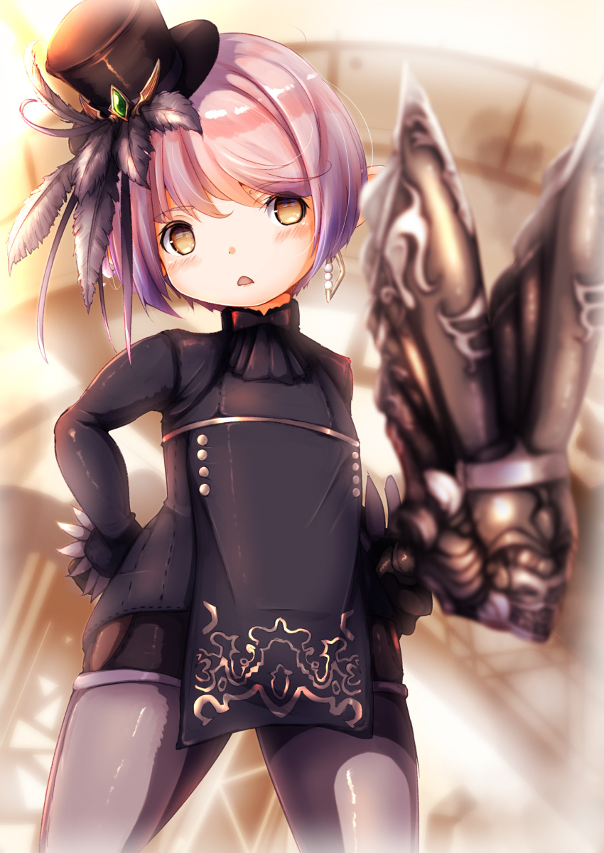 1girl bangs black_dress black_headwear blurry blurry_background blurry_foreground blush brown_eyes commentary_request demimushi depth_of_field dress earrings eyebrows_visible_through_hair final_fantasy final_fantasy_xiv grey_legwear hair_between_eyes hand_on_hip hat highres jewelry lalafell looking_at_viewer parted_lips pelvic_curtain pointy_ears purple_hair solo standing thigh-highs tilted_headwear top_hat