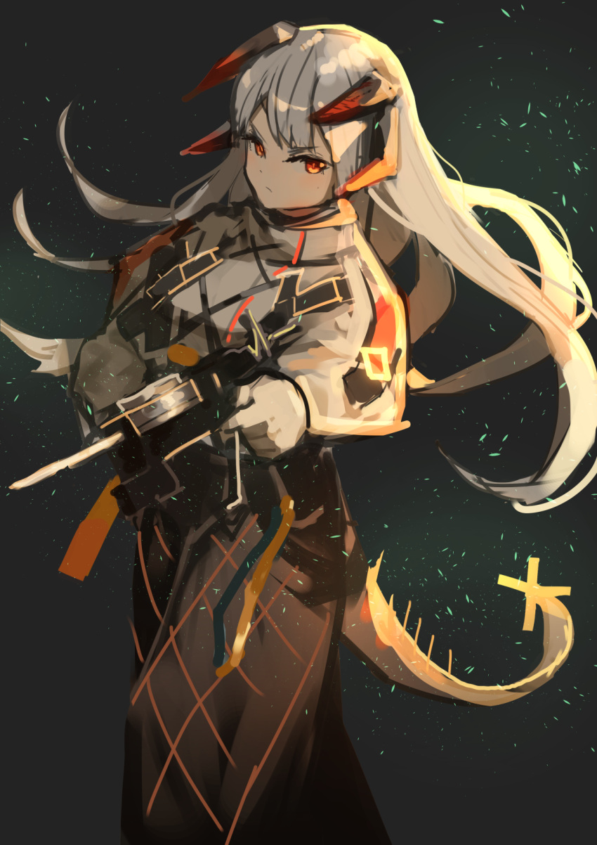 1girl arknights bannnouyakunta black_background black_skirt commentary_request dragon_horns dragon_tail feet_out_of_frame glaring highres holding holding_weapon horns light_particles long_hair long_sleeves looking_at_viewer orange_eyes saria_(arknights) shirt silver_hair skirt solo syringe_gun tail weapon white_shirt