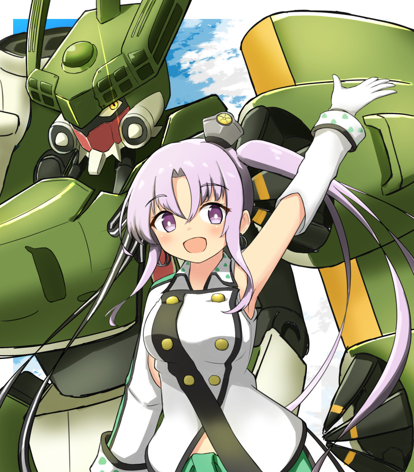 1girl absurdres ahoge akitsushima_(kantai_collection) blue_sky clouds commentary_request crossover gloves grey_hair h8k hair_ornament hair_ribbon highres kantai_collection long_hair looking_at_viewer mecha military military_uniform nishikitaitei-chan ribbon robot shonasan side_ponytail sidelocks sky smile uniform upper_body violet_eyes white_gloves