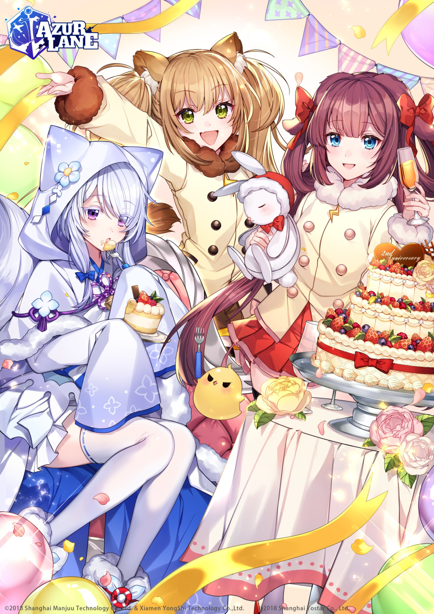 3girls absurdres alcohol azur_lane blue_eyes blush bow brown_hair cake character_request coat company_name copyright_name cup drinking_glass eating eyebrows_visible_through_hair food fork green_eyes hair_bow highres holding holding_cup holding_fork katagiri_hachigou long_hair long_sleeves looking_at_viewer multiple_girls open_mouth pleated_skirt red_bow red_skirt silver_hair sitting skirt sleeves_past_wrists smile table thigh-highs twintails very_long_hair violet_eyes white_legwear wine wine_glass