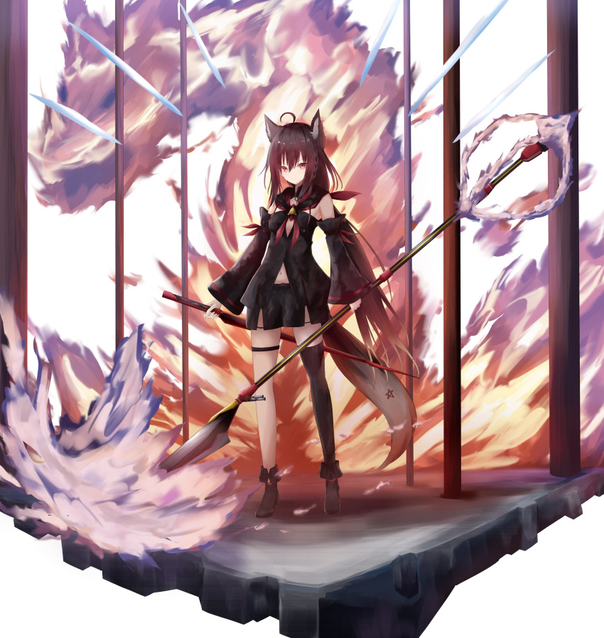 1girl absurdres ahoge animal_ear_fluff animal_ears bangs black_hair black_hoodie black_shorts black_sleeves braid detached_sleeves eyebrows_visible_through_hair fox_ears fox_girl fox_tail hair_between_eyes hayashi_maka highres holding holding_weapon hololive kurokami_fubuki long_hair looking_at_viewer navel neckerchief pentagram red_eyes red_neckwear short_shorts shorts side_braid sidelocks single_thighhigh solo tail thigh-highs thigh_strap virtual_youtuber weapon weapon_request