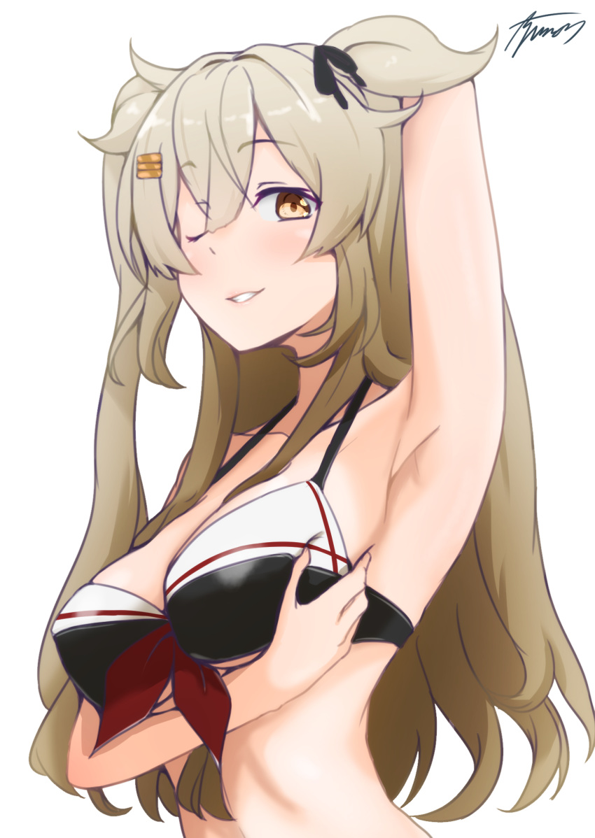 1girl adapted_costume arm_up armpits ayuman bikini black_bikini brown_eyes commentary_request gradient_hair highres kantai_collection light_brown_hair long_hair looking_at_viewer multicolored_hair murasame_(kantai_collection) one_eye_closed remodel_(kantai_collection) solo swimsuit two_side_up upper_body