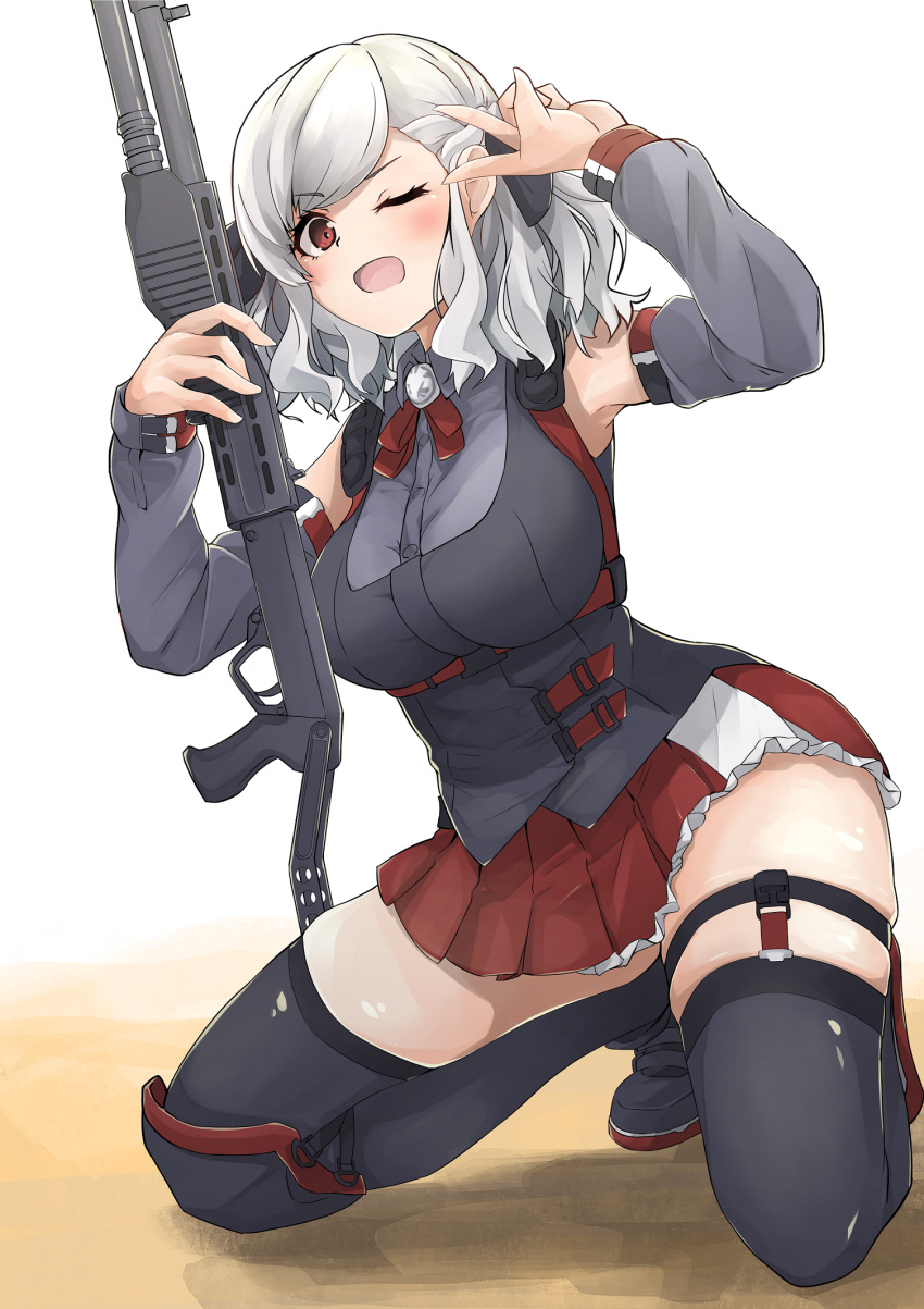 1girl ;d bangs black_footwear black_legwear black_ribbon blouse breasts brooch collared_blouse commentary curvy detached_sleeves frilled_skirt frills full_body garter_straps girls_frontline grey_blouse grey_sleeves gun hair_ribbon highres holding holding_gun holding_weapon jewelry kakimoto_nao knee_pads kneeling large_breasts leaning_to_the_side looking_at_viewer medium_hair miniskirt neck_ribbon one_eye_closed open_mouth pleated_skirt red_eyes red_neckwear red_skirt ribbon shoes shotgun silver_hair skindentation skirt sleeveless_blouse smile solo spas-12 spas-12_(girls_frontline) swept_bangs thigh-highs thigh_strap two_side_up v weapon white_background