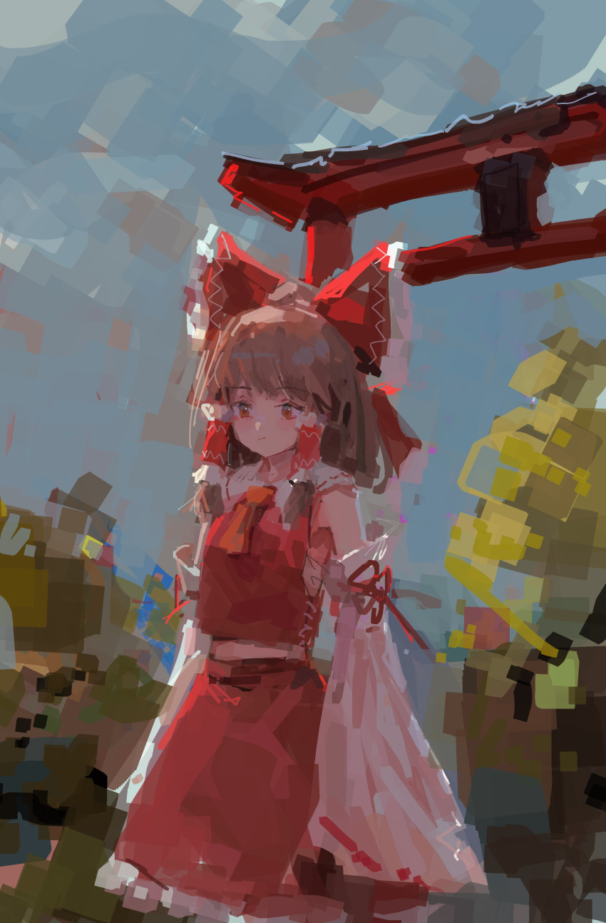 1girl :/ absurdres arms_at_sides ascot backlighting bangs bare_shoulders bow brown_eyes brown_hair closed_mouth detached_sleeves expressionless eyebrows_visible_through_hair frilled_bow frilled_hair_tubes frills from_side hair_bow hair_ornament hair_tubes hakurei_reimu highres light_brown_eyes long_sleeves looking_away medium_hair medium_skirt midriff_peek no_lineart orange_neckwear outdoors petticoat red_bow red_skirt red_vest reddizen ribbon-trimmed_sleeves ribbon_trim sarashi skirt skirt_set sky solo swept_bangs torii touhou tree vest wide_sleeves wing_collar