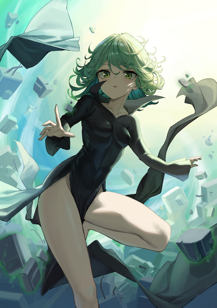 1girl bangs black_dress breasts collarbone commentary_request covered_navel curly_hair dress flipped_hair green_eyes green_hair highres leg_up long_sleeves looking_at_viewer mansu_(user_pnmp4287) no_panties one-punch_man open_mouth rock short_hair side_slit small_breasts solo tatsumaki telekinesis