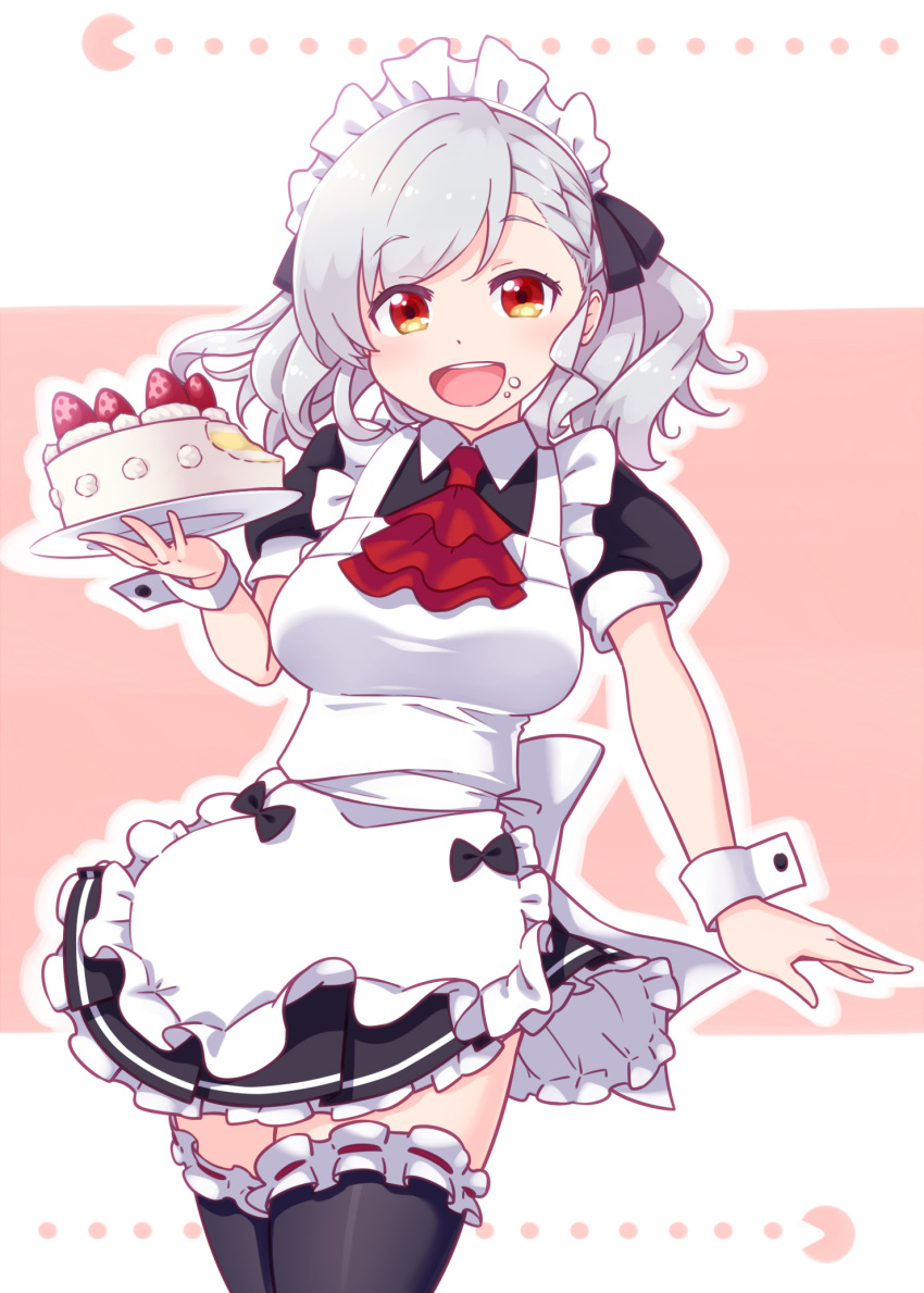 1girl :d alternate_costume apron bangs black_bow black_legwear bow breasts brown_background cake commentary_request dress enmaided eyebrows_visible_through_hair food food_on_face frilled_apron frilled_dress frilled_legwear frills fruit girls_frontline grey_hair hair_bow highres holding holding_plate long_hair maid maid_apron maid_headdress medium_breasts open_mouth pac-man pac-man_(game) plate pleated_skirt puffy_short_sleeves puffy_sleeves red_eyes ribbon-trimmed_legwear ribbon_trim sansei_rain short_sleeves skirt smile solo spas-12_(girls_frontline) strawberry thigh-highs two-tone_background upper_teeth white_apron white_background wrist_cuffs