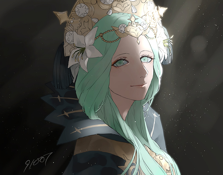 1girl closed_mouth crown fire_emblem fire_emblem:_three_houses flower green_eyes green_hair hair_flower hair_ornament long_hair pixiv14364901 rhea_(fire_emblem) solo tiara upper_body