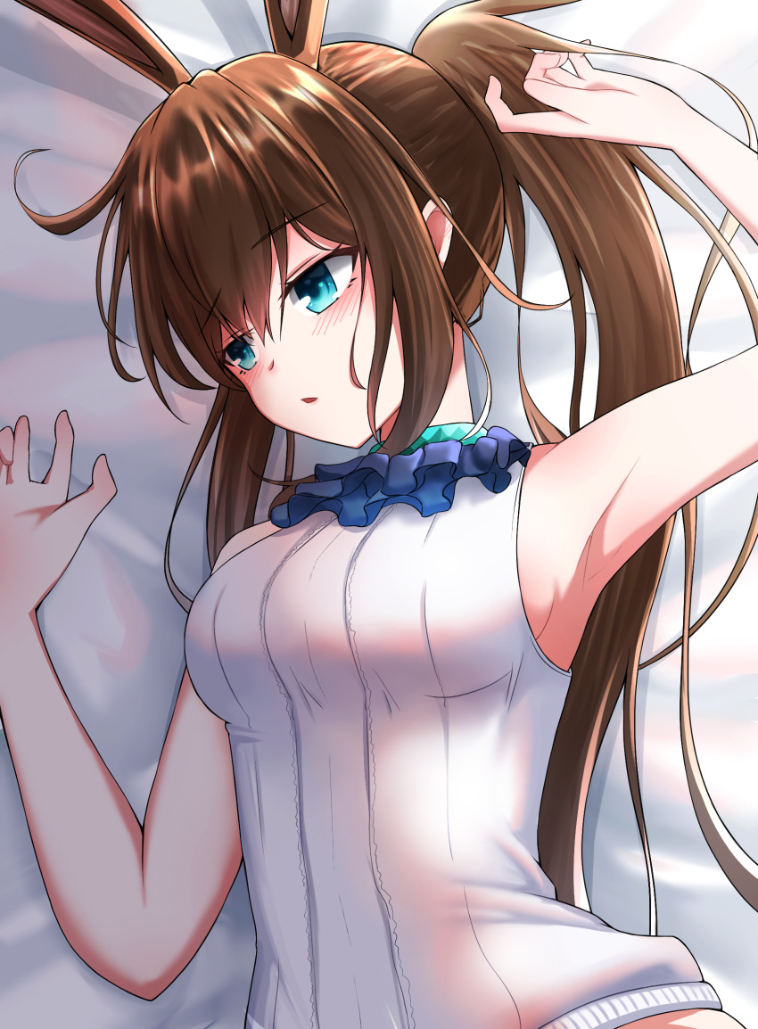 1girl amiya_(arknights) animal_ears arknights arm_up armpits bangs bare_arms bare_shoulders bed_sheet blue_eyes blush breasts brown_hair chain's commentary english_commentary eyebrows_visible_through_hair hair_between_eyes hand_up head_tilt highres long_hair long_ponytail lying medium_breasts on_back parted_lips ponytail rabbit_ears shirt sidelocks sleeveless sleeveless_shirt solo upper_body white_shirt