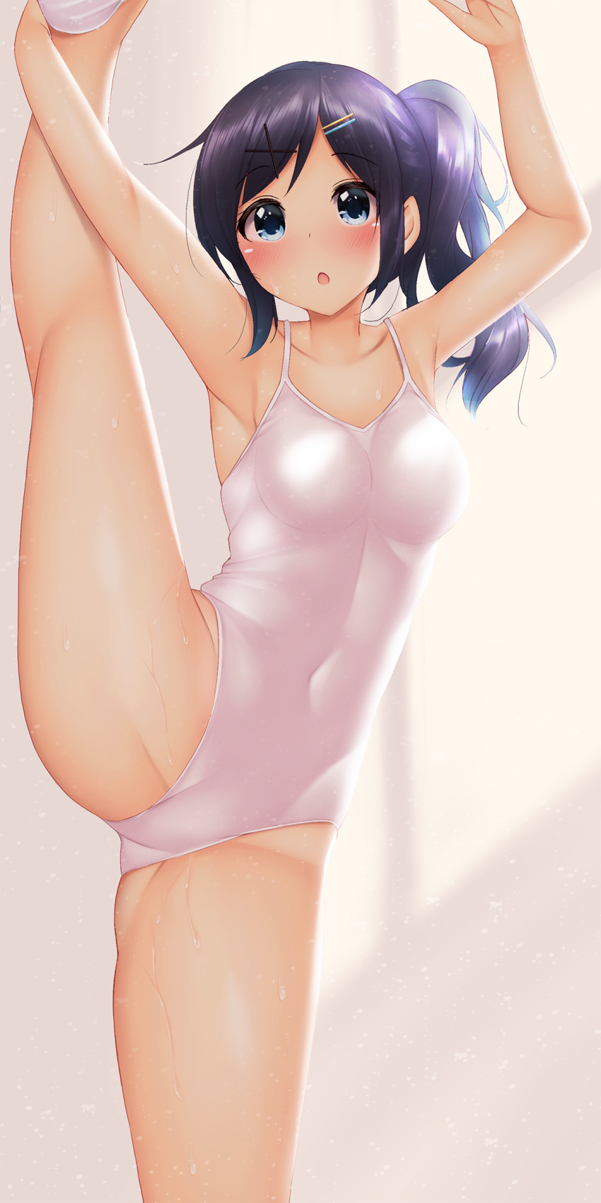 1girl absurdres athletic_leotard black_hair blue_hair blush breasts collarbone covered_navel eyebrows_visible_through_hair flexible gymnastics hair_ornament hairclip hands_up highres leg_up leotard medium_breasts minato_ojitan open_mouth original ponytail solo spaghetti_strap split standing standing_on_one_leg tied_hair
