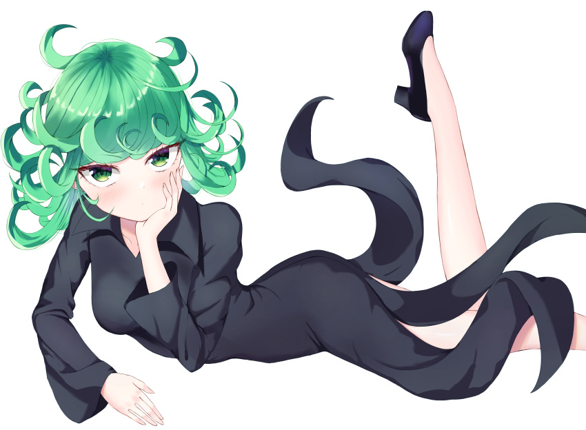 1girl absurdres bangs bitseon black_dress black_footwear blush breasts closed_mouth commentary_request curly_hair dress flipped_hair green_eyes green_hair high_heels highres long_sleeves looking_at_viewer lying medium_hair on_stomach one-punch_man simple_background small_breasts solo tatsumaki white_background