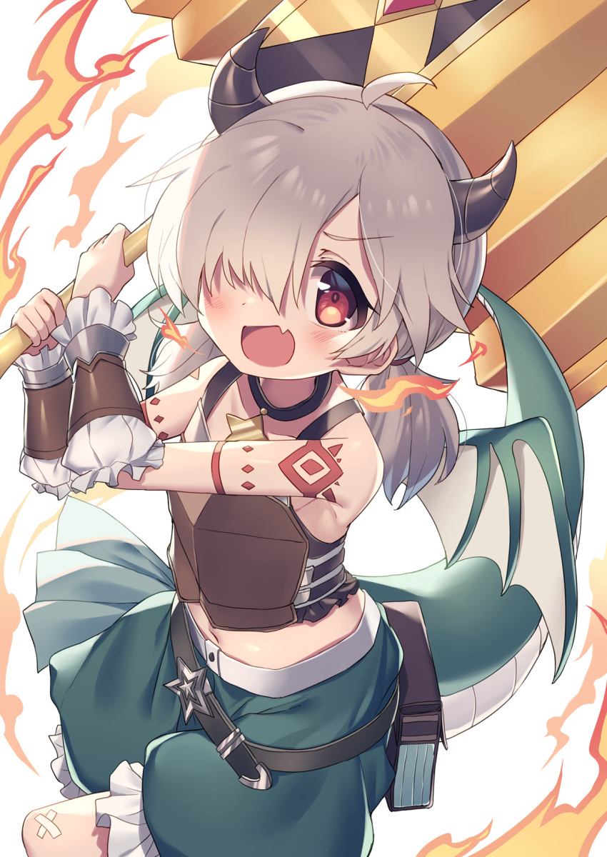 1girl :d ahoge bangs bare_shoulders black_choker blush breastplate choker commentary_request crop_top dragon_girl dragon_horns dragon_tail dragon_wings eyebrows_visible_through_hair fang fire frilled_shorts frills green_shorts grey_hair hair_over_one_eye hammer highres holding holding_hammer horns inori_(princess_connect!) long_hair looking_at_viewer low_twintails midriff navel open_mouth princess_connect! princess_connect!_re:dive puffy_shorts red_eyes short_shorts shorts simple_background smile solo star_(symbol) star_choker tail twintails wagashi928 white_background white_wings wings