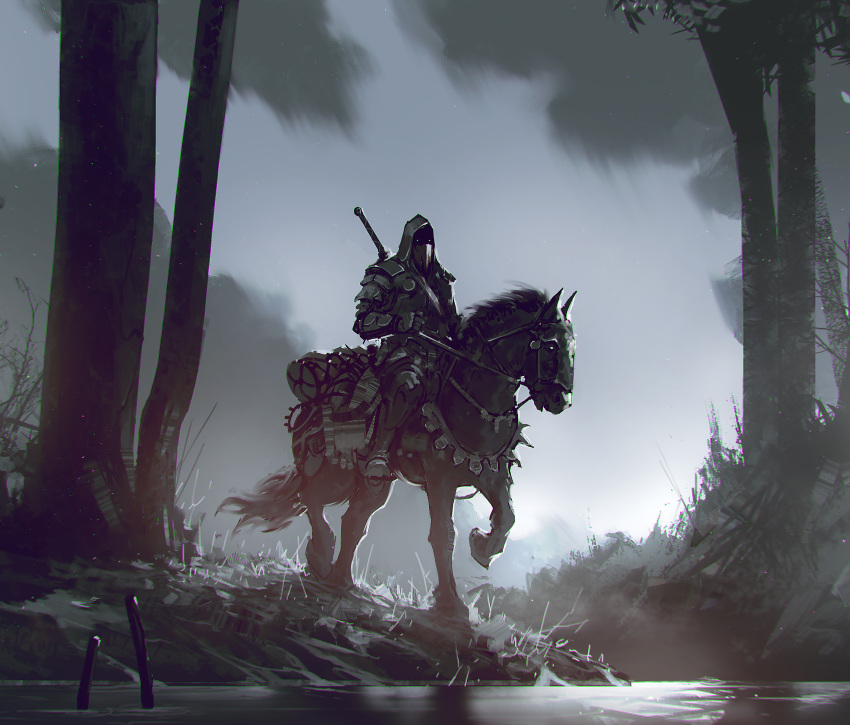 1other absurdres ambiguous_gender amor armor armored_boots belt boots clouds cloudy_sky gauntlets glowing glowing_eyes grass grey_sky highres hood hood_up horse kalmahul mask mouth_mask nature original outdoors scenery sitting sky solo tree water weapon weapon_on_back