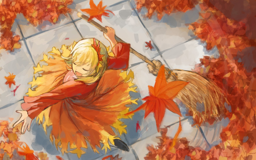 1girl :d aki_shizuha arm_at_side autumn_leaves bamboo_broom bangs black_footwear blonde_hair bob_cut broom closed_eyes commentary dancing dress falling_leaves floating_hair from_above hair_ornament hand_up holding holding_broom leaf leaf_hair_ornament leaf_on_head long_dress long_sleeves maple_leaf ohanami_n open_mouth orange_dress outdoors outstretched_arm outstretched_hand pavement short_hair smile solo spinning sweeping touhou