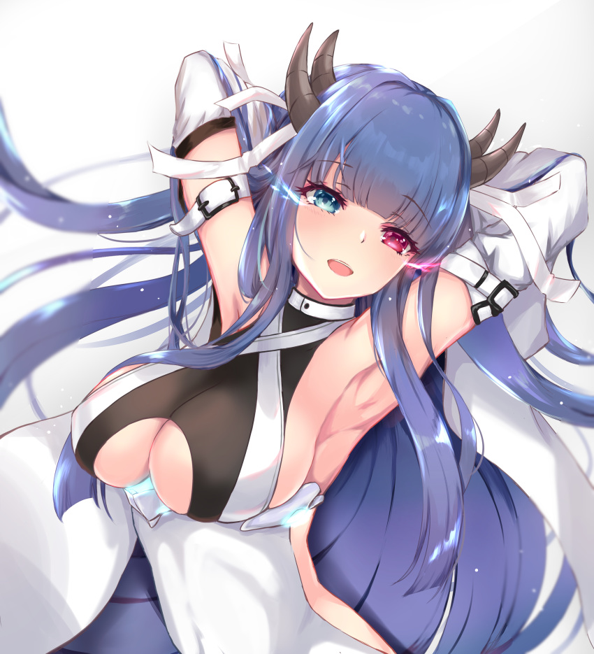 1girl :d absurdres arm_belt armpits arms_behind_head arms_up azur_lane backless_dress backless_outfit bare_shoulders blue_eyes blue_hair blurry breasts depth_of_field detached_sleeves dress floating_hair glowing glowing_eyes habu_rin heterochromia highres horns ibuki_(azur_lane) large_breasts long_hair looking_at_viewer open_mouth red_eyes simple_background smile solo under_boob underboob_cutout upper_body white_background white_dress
