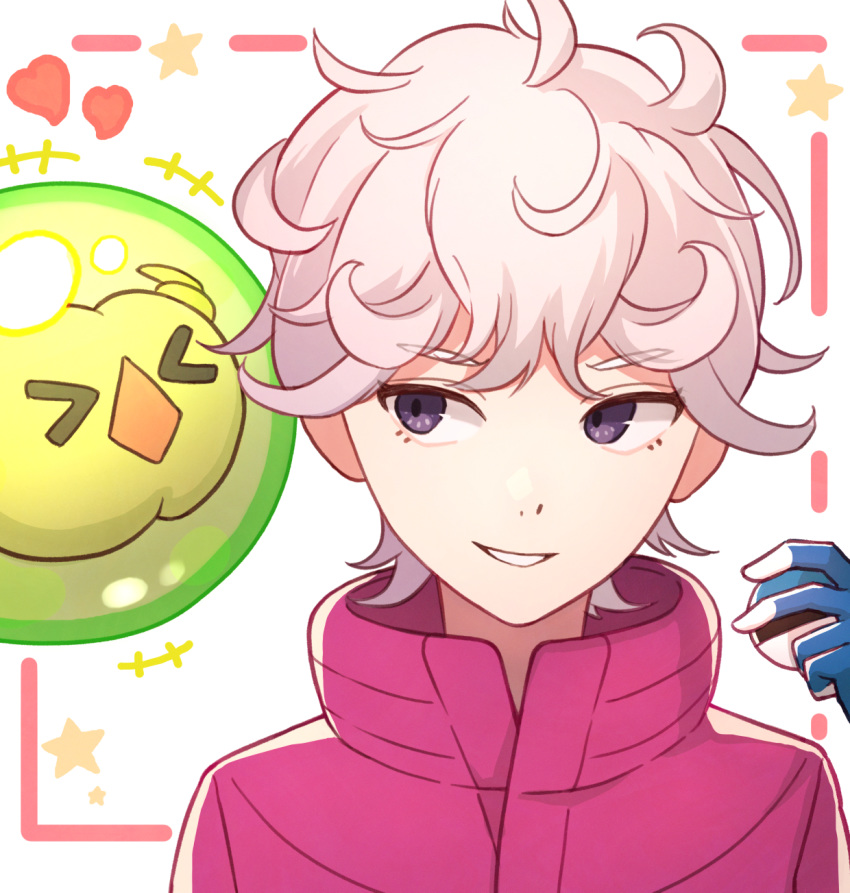 1boy ahoge bangs bede_(pokemon) blonde_hair coat commentary curly_hair eyebrows_visible_through_hair eyelashes gen_5_pokemon gloves hand_up heart highres holding holding_poke_ball looking_to_the_side parted_lips poke_ball pokemon pokemon_(creature) pokemon_(game) pokemon_swsh popped_collar purple_coat smile solosis tanbonota46 teeth upper_body violet_eyes
