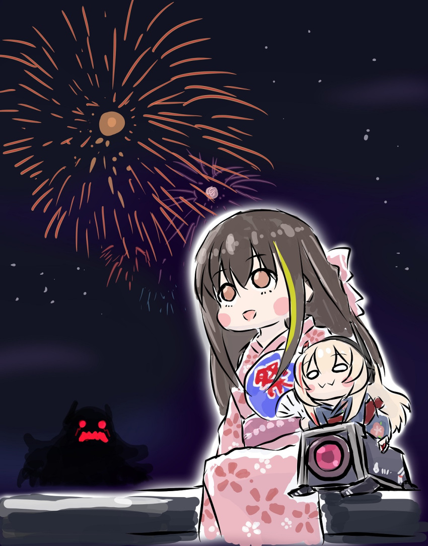 2girls :3 bangs blue_kimono blush_stickers brown_hair chibi chika_(keiin) commentary_request dinergate_(girls_frontline) eyebrows_visible_through_hair fan fireworks girls_frontline green_hair hair_between_eyes headgear highres holding holding_fan japanese_clothes kimono long_hair m4_sopmod_ii_jr m4a1_(girls_frontline) mecha multicolored_hair multiple_girls night o_o pink_kimono sitting streaked_hair