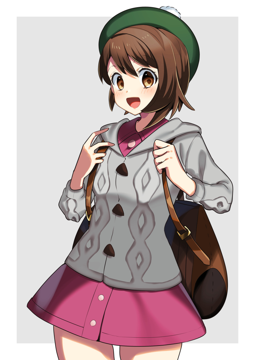 1girl absurdres backpack bag blush brown_backpack brown_eyes brown_hair buttons cardigan collared_dress commentary cowboy_shot dress gloria_(pokemon) green_headwear grey_cardigan hat highres holding holding_strap hooded_cardigan looking_at_viewer open_mouth pink_dress pokemon pokemon_(game) pokemon_swsh short_hair smile solo tam_o'_shanter tongue two-tone_background yuihico