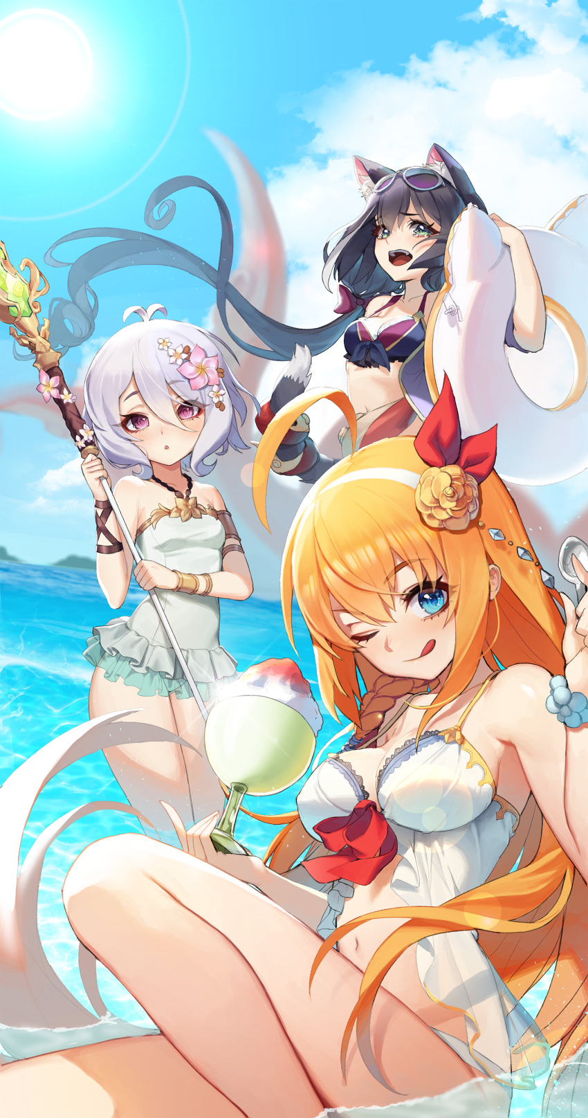 3girls ;q absurdres ahoge animal_ear_fluff animal_ears antenna_hair bikini black_hair blue_eyes blurry bracelet braid breasts cat_ears cat_tail day depth_of_field dutch_angle eyewear_on_head fang flower frilled_swimsuit frills glint green_eyes green_swimsuit hair_flower hair_ornament hairband halterneck highres innertube jewelry karyl_(princess_connect!) kokkoro_(princess_connect!) large_breasts lens_flare long_hair low_twintails multiple_girls navel one_eye_closed open_mouth orange_hair osuti outdoors parted_lips partially_submerged pecorine pink_eyes princess_connect! princess_connect!_re:dive shaved_ice side_braid sidelocks silver_hair sitting small_breasts spoon staff sunglasses swimsuit tail tearing_up tentacles tongue tongue_out twintails very_long_hair wading water white_bikini