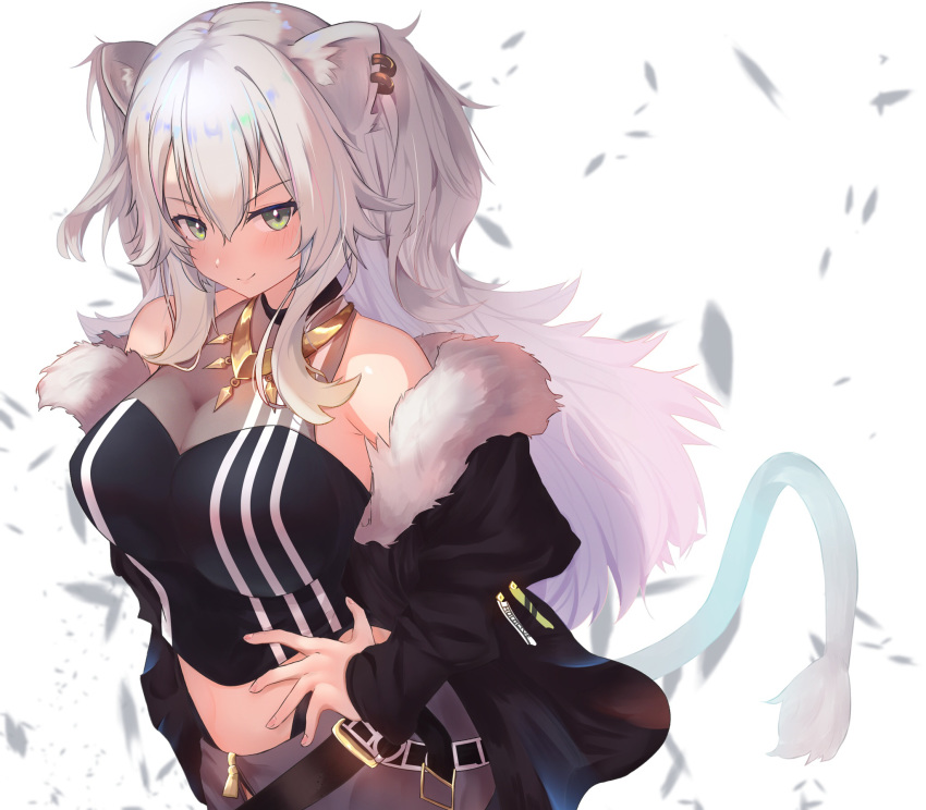1girl animal_ears belt breasts closed_mouth earrings eyebrows_visible_through_hair green_eyes hair_between_eyes hand_on_hip highres hololive jewelry lion_ears lion_tail long_hair looking_at_viewer medium_breasts shishiro_botan simple_background smile solo st0427 tail virtual_youtuber white_background white_hair
