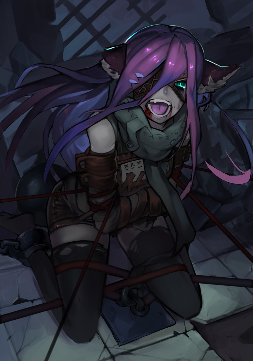 1girl absurdres animal_ears bare_shoulders black_legwear bound bound_arms brown_scarf chain commentary_request cuffs fangs from_above goblina green_eyes highres kneeling long_hair looking_at_viewer no_shoes open_mouth original pointy_ears purple_hair restrained scarf shackles skindentation solo stationary_restraints tears teeth thigh-highs tile_floor tiles torn_clothes torn_legwear
