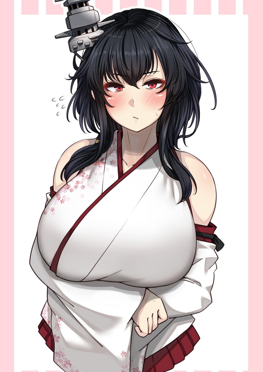 1girl black_hair blush border breasts detached_sleeves floral_print flying_sweatdrops hair_ornament headgear highres huge_breasts japanese_clothes kantai_collection nontraditional_miko pagoda pink_border red_eyes remodel_(kantai_collection) ryuun_(stiil) short_hair skirt solo wide_sleeves yamashiro_(kantai_collection)