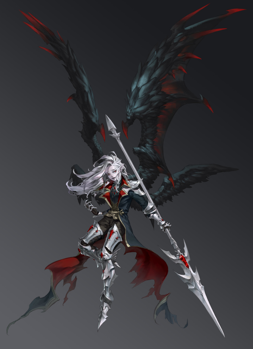 1boy absurdres armor black_wings claw_(weapon) demon_wings dosol fangs feathered_wings flying_sweatdrops gem gradient gradient_background greaves grey_hair highres holding holding_polearm holding_spear holding_weapon knight long_hair male_focus multiple_wings open_mouth original pale_skin pauldrons pointy_ears polearm red_eyes shoulder_armor slit_pupils smile solo spear torn_clothes vambraces vampire weapon wings