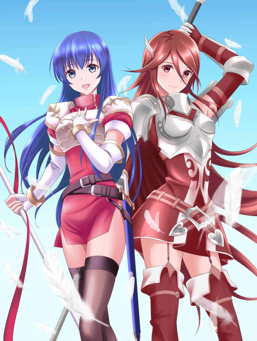 2girls absurdres arm_up blue_eyes blue_hair breastplate caeda_(fire_emblem) closed_mouth commentary cordelia_(fire_emblem) dress feathers fingerless_gloves fire_emblem fire_emblem:_mystery_of_the_emblem fire_emblem_awakening gloves hair_ornament highres holding kakiko210 long_hair multiple_girls open_mouth polearm red_eyes redhead scabbard sheath sheathed short_dress smile sword weapon white_gloves wing_hair_ornament