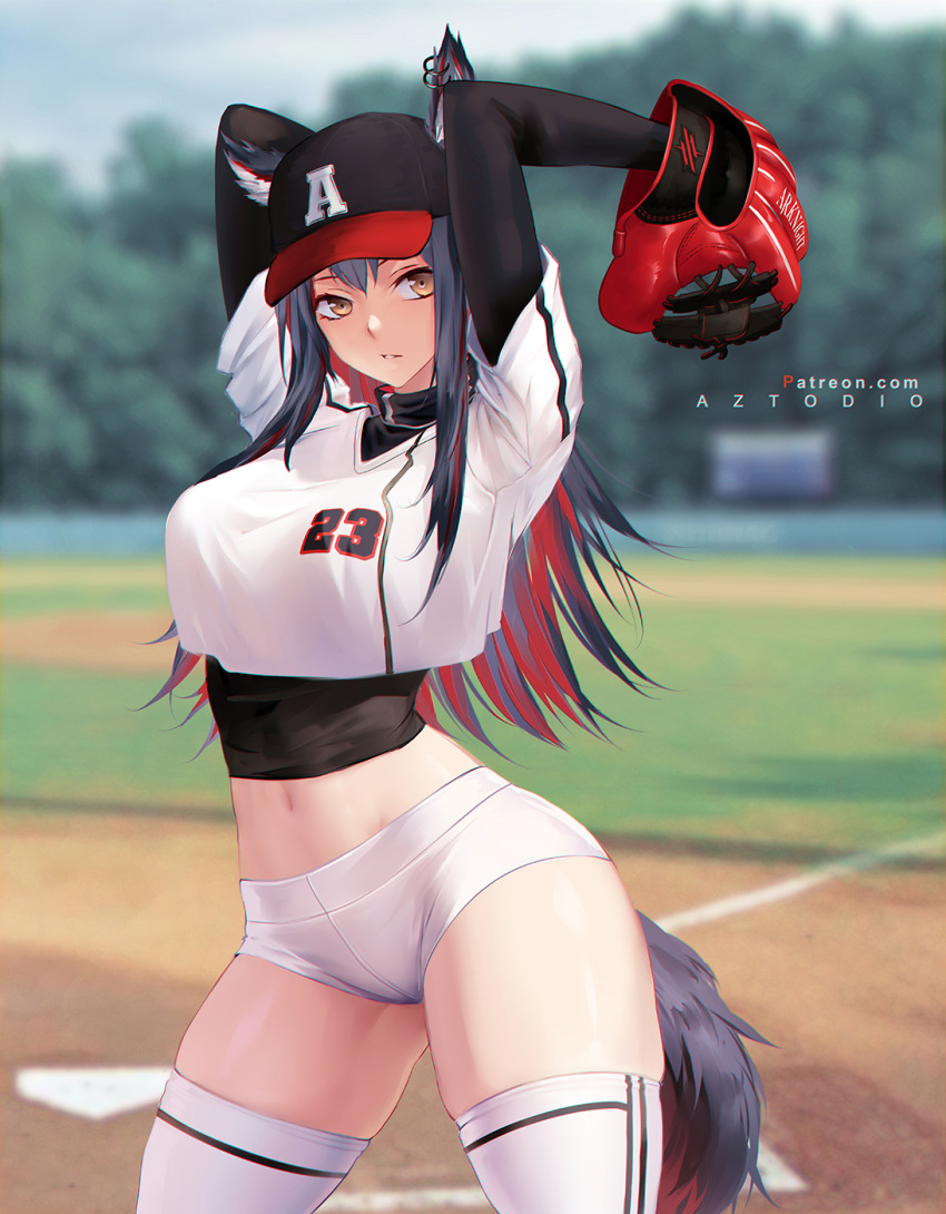 1girl animal_ears arknights arms_up artist_name azto_dio bangs baseball_cap baseball_mitt baseball_uniform black_hair black_headwear blurry blurry_background breasts brown_eyes commentary cowboy_shot crop_top crop_top_overhang earrings ears_through_headwear english_commentary groin hat highres jewelry large_breasts long_hair looking_at_viewer micro_shorts midriff multicolored_hair multiple_earrings navel outdoors parted_lips photoshop_(medium) redhead shirt shirt_lift short_shorts shorts solo sportswear standing texas_(arknights) thigh-highs thighs white_legwear white_shirt white_shorts wolf_ears