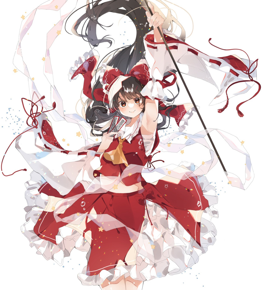 1girl arm_up armpits ascot bangs black_hair blush bow brown_eyes chromatic_aberration closed_mouth commentary detached_sleeves floating_hair frilled_bow frilled_shirt_collar frilled_skirt frills gohei gominami hair_bow hair_tubes hair_up hakurei_reimu hand_up highres holding layered_skirt light_particles long_hair looking_at_viewer midriff ofuda petticoat rainbow_order red_bow red_ribbon red_shirt red_skirt ribbon ribbon-trimmed_sleeves ribbon_trim sarashi shide shirt side_slit sidelocks simple_background skirt skirt_set smile solo star_(symbol) tassel touhou white_background wide_sleeves yellow_neckwear