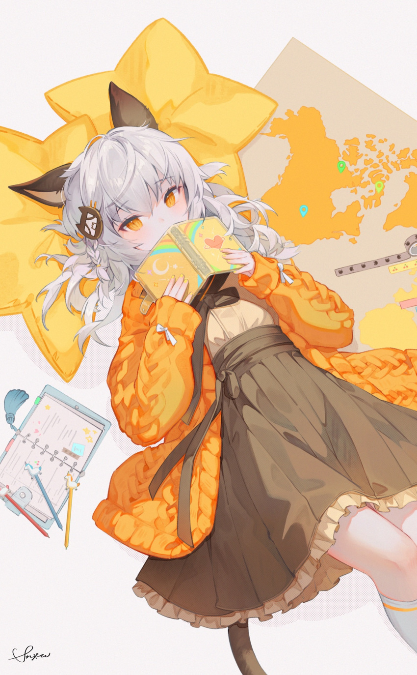 1girl animal_ears book brown_shirt brown_skirt cat_ears cat_girl cat_tail covering_mouth frilled_skirt frills hair_ornament high-waist_skirt highres holding holding_book jacket long_hair long_skirt long_sleeves looking_at_viewer lying on_back open_book open_clothes open_jacket orange_eyes orange_jacket original pen pleated_skirt shirt silver_hair skirt snow_is socks solo tail white_legwear