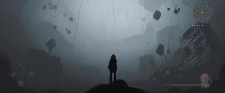 1girl absurdres apocalypse asteroid_ill building character_name eyes fake_screenshot floating fog heads-up_display health_bar highres minimap optic_nerve_(asteroid_ill) original outdoors ruins scenery silhouette solo standing static translation_request user_interface wide_shot