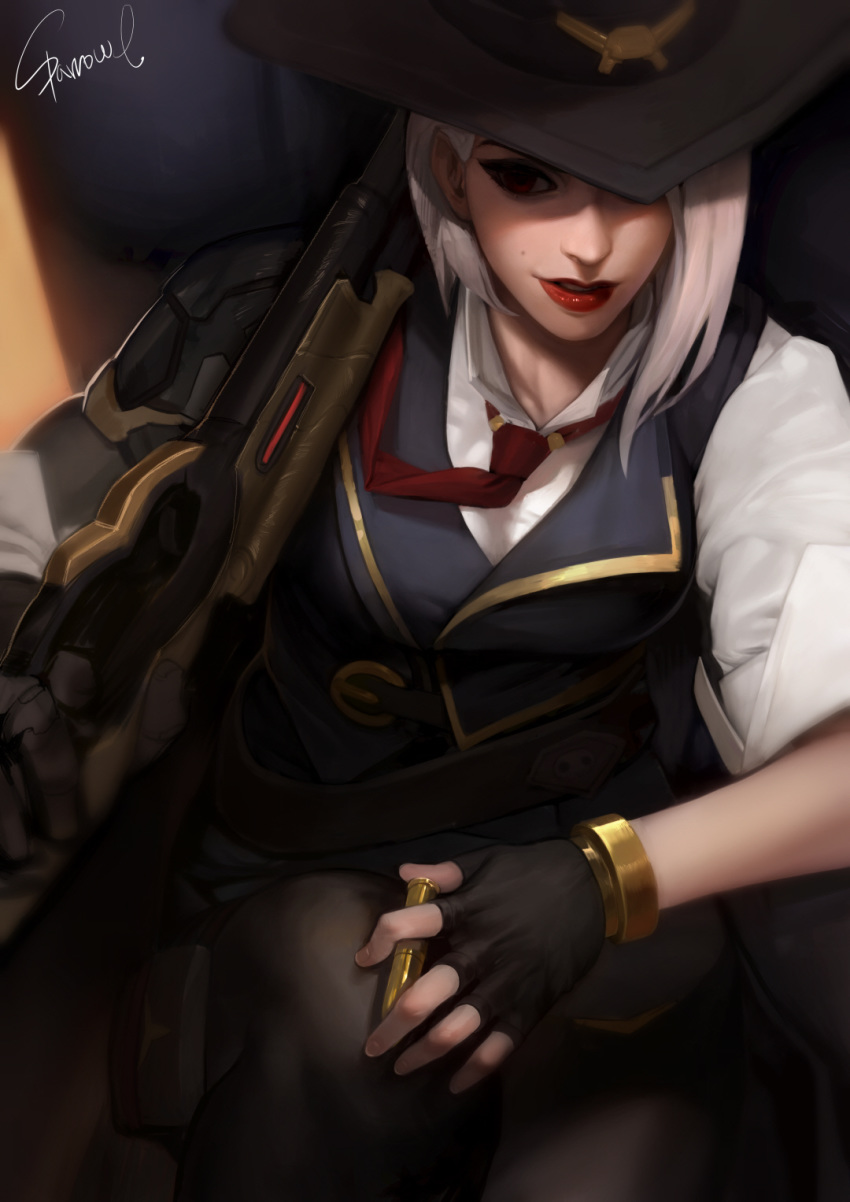 1girl ammunition ashe_(overwatch) breasts cowboy_hat fingerless_gloves gloves gun hat highres holding lipstick makeup mole mole_above_mouth necktie overwatch red_eyes red_lipstick short_hair solo sparrowl weapon white_hair