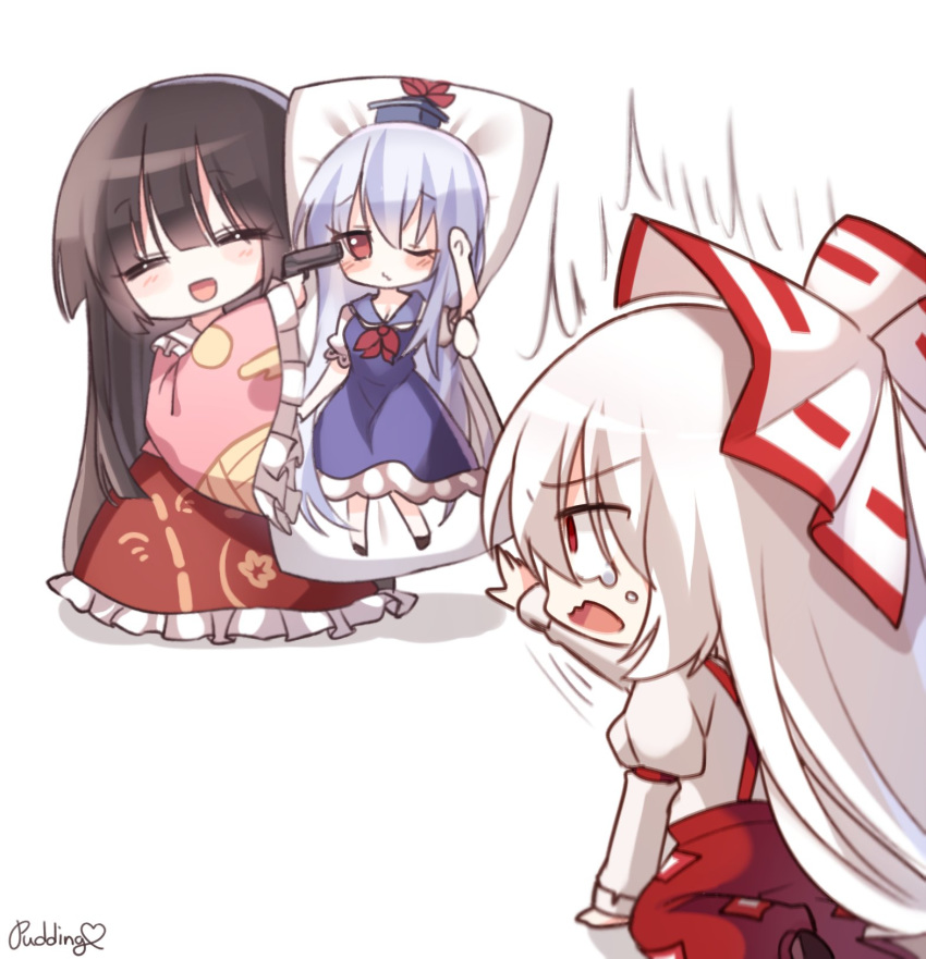 2girls absurdly_long_hair arm_support artist_name baggy_pants bamboo_print bangs black_hair blunt_bangs blush body_pillow bow chibi closed_eyes collared_shirt constricted_pupils dakimakura_(object) egasumi eyebrows_visible_through_hair floral_print frilled_skirt frilled_sleeves frills fujiwara_no_mokou full_body gun hair_bow hand_up highres hime_cut holding holding_gun holding_pillow holding_weapon houraisan_kaguya japanese_clothes juliet_sleeves kamishirasawa_keine kneeling long_hair long_skirt long_sleeves looking_at_another moon_print motion_lines multiple_girls ofuda_on_clothes open_mouth outstretched_arm pants pillow pink_shirt pudding_(skymint_028) puffy_sleeves reaching red_bow red_eyes red_pants red_skirt scared shirt sidelocks signature silver_hair simple_background skirt sleeves_past_wrists smile standing suspenders touhou very_long_hair wavy_mouth weapon white_background white_bow white_hair white_shirt wide-eyed wide_sleeves