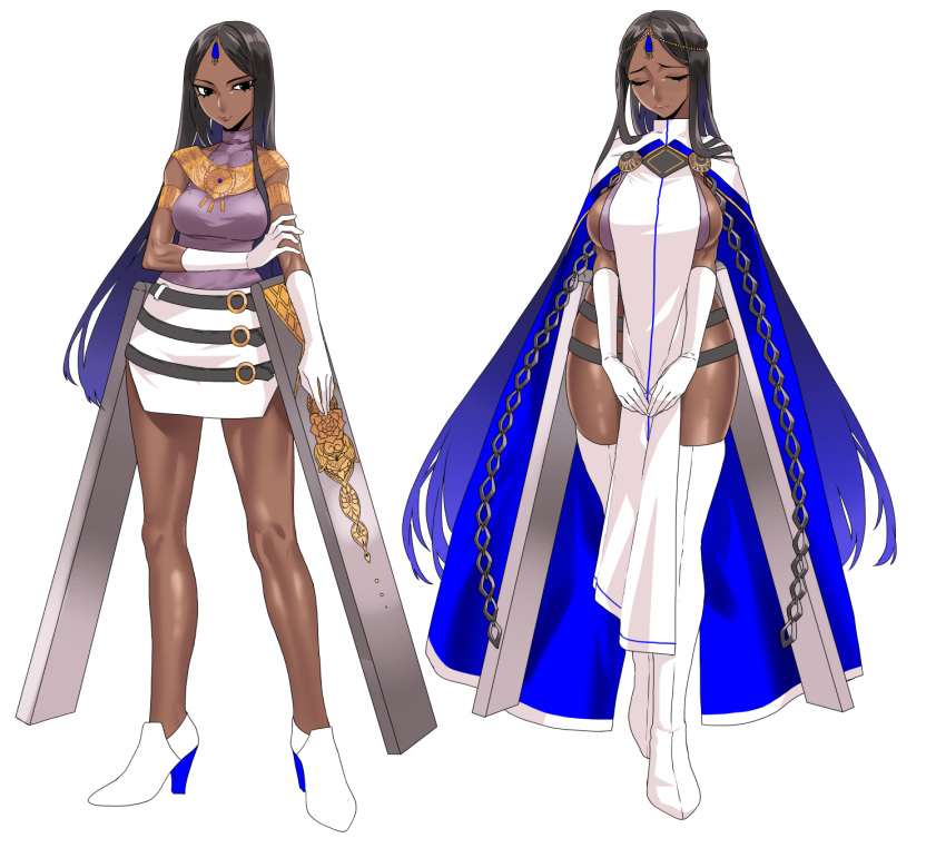 1girl arjuna_(fate/grand_order) black_eyes black_hair breasts cape closed_eyes dark_skin earrings fate/grand_order fate_(series) full_body genderswap genderswap_(mtf) gloves high_heels highres jewelry large_breasts long_hair open_eyes petals rokkotsu shiny shiny_skin simple_background solo standing thigh-highs white_background white_gloves white_legwear