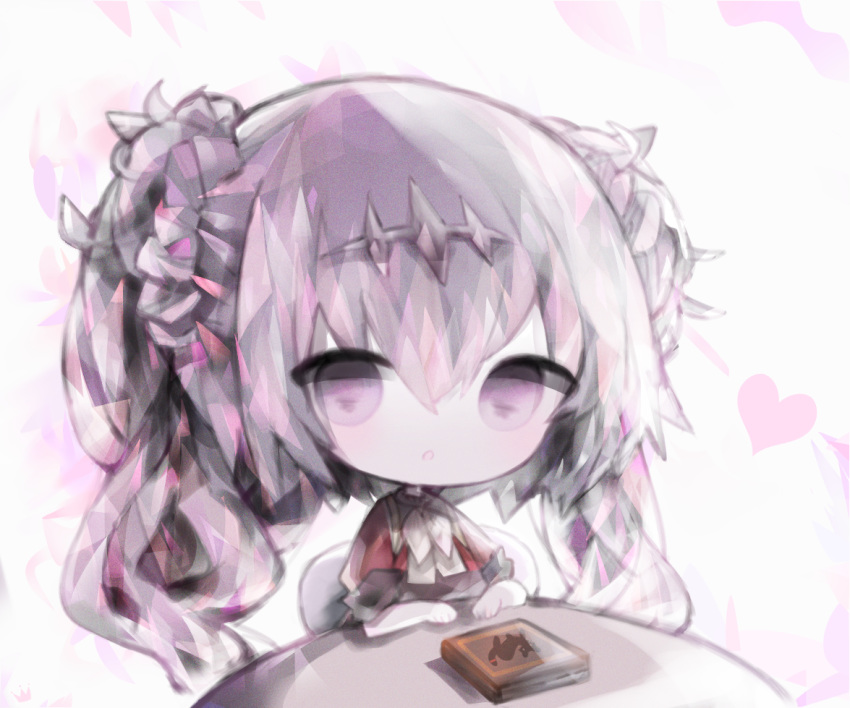 1girl :o bangs book chair chibi commentary_request cottontailtokki eyebrows_visible_through_hair fran_(shadowverse) hair_between_eyes headpiece heart long_hair looking_at_viewer on_chair parted_lips purple_hair red_shirt shadowverse shingeki_no_bahamut shirt short_sleeves sitting solo table twintails upper_body very_long_hair violet_eyes white_background