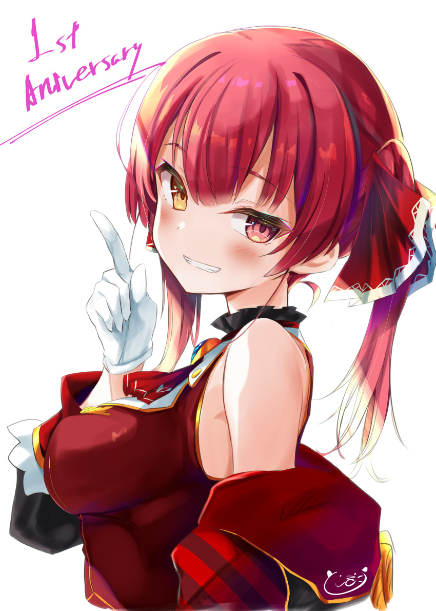 1girl absurdres ascot bangs bare_shoulders black_choker black_coat blush breasts choker coat crop_top epaulettes frilled_choker frills gloves gold_trim grin hair_ribbon heterochromia highres hololive houshou_marine index_finger_raised large_breasts long_hair looking_at_viewer off_shoulder red_eyes red_neckwear red_ribbon red_shirt redhead ribbon shirt sleeveless smile solo toshizou_(0714) twintails virtual_youtuber yellow_eyes