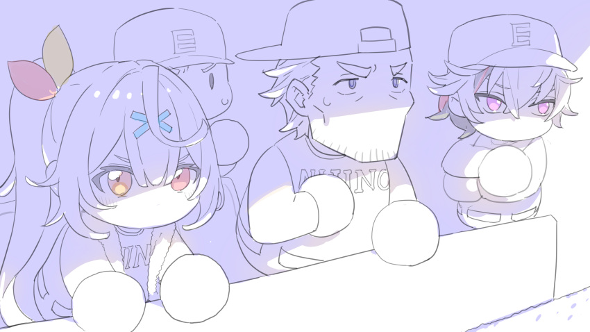 1girl 2boys backwards_hat bangs baseball_cap baseball_uniform black_hair blue_eyes brown_eyes character_request crossed_arms eyebrows_visible_through_hair fuwa_minato hair_between_eyes hair_ornament hair_ribbon hairclip hat heterochromia high_ponytail highres hoshikawa_sara jikkyou_powerful_pro_yakyuu long_hair long_sleeves looking_away multicolored_hair multiple_boys nagisa_kurousagi nijisanji pants red_eyes red_ribbon redhead ribbon shirt side_ponytail sidelocks sportswear streaked_hair thick_eyebrows towel towel_around_neck v-shaped_eyebrows very_long_hair violet_eyes virtual_youtuber x_hair_ornament yellow_ribbon