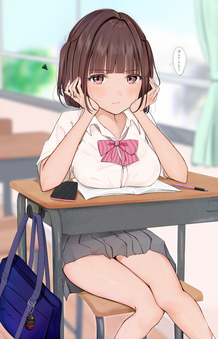 1girl absurdres bag bag_charm blurry blurry_background breasts brown_eyes brown_hair charm_(object) classroom commentary_request day desk highres huge_filesize indoors large_breasts looking_at_viewer original school_bag school_desk school_uniform short_hair sitting small_breasts solo thought_bubble translated two_side_up uiri-na