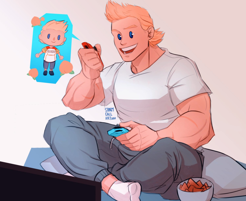 1boy bara blonde_hair blue_eyes boku_no_hero_academia crossed_legs doubutsu_no_mori full_body happy highres male_focus muscle pants phone scar shirt short_hair smile socks solo spiky_hair stormcallart toogata_mirio track_pants