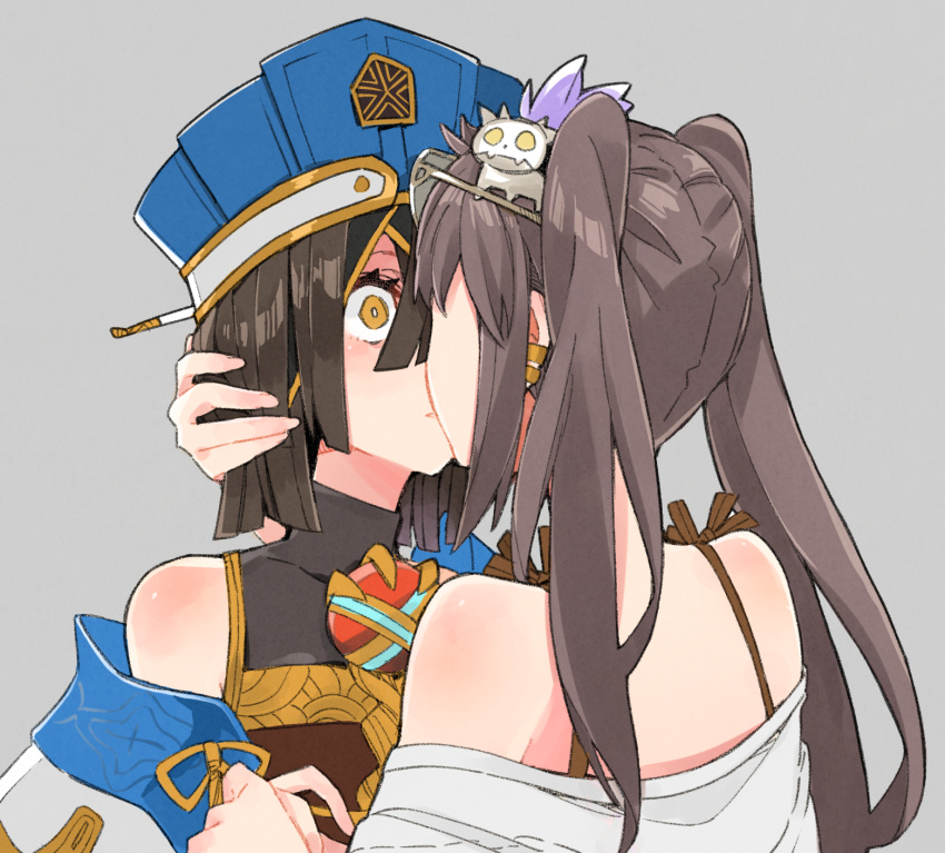 2girls bare_shoulders black_gloves black_hair blue_headwear blush breasts brown_hair chinese_clothes consort_yu_(fate) earrings fate/grand_order fate_(series) fingerless_gloves gem gloves grey_background hair_between_eyes hair_ornament hair_over_one_eye hair_stick highres holding_hands jewelry kiss long_sleeves looking_to_the_side medium_hair mole mole_under_eye multiple_girls naosuke_(morioka_shachuu) simple_background small_breasts straight_hair surprise_kiss surprised tassel twintails upper_body wide_sleeves xu_fu_(fate) yellow_eyes yu_miaoyi_(swimsuit_lancer) yuri