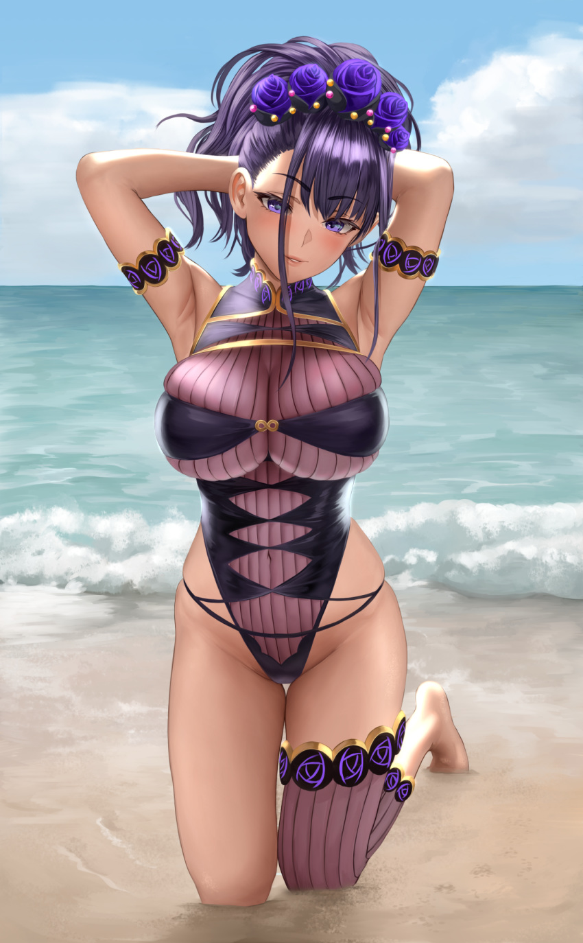 1girl armband arms_behind_head arms_up barefoot beach breasts commentary_request eyebrows_visible_through_hair fate/grand_order fate_(series) flower hair_flower hair_ornament highleg highleg_swimsuit highres kneeling large_breasts looking_at_viewer murasaki_shikibu_(fate) murasaki_shikibu_(swimsuit_rider)_(fate) one-piece_swimsuit purple_hair sand see-through single_thighhigh swimsuit thigh-highs violet_eyes water waves yamaneko_(tkdrumsco)