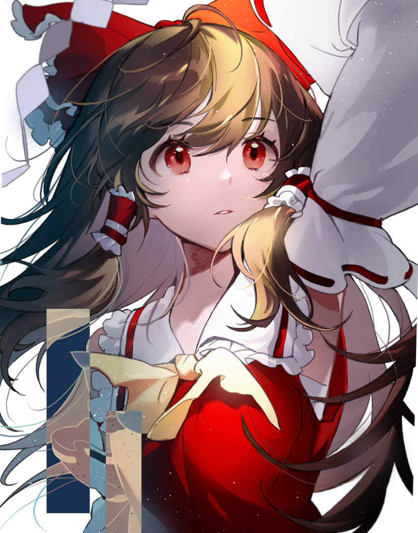 1girl absurdres arm_up blush bow brown_hair commentary detached_sleeves hair_bow hair_tubes hakurei_reimu highres long_hair long_sleeves red_bow red_eyes red_shirt seoji shide shirt simple_background solo touhou upper_body white_background yellow_neckwear