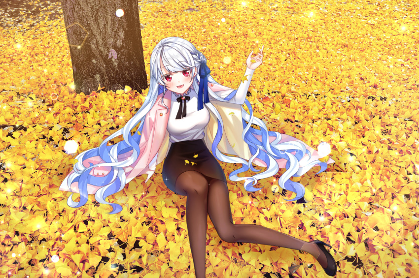 1girl :d arm_up bangs black_footwear black_skirt blue_bow blue_hair blush bow braid breasts brown_legwear day eyebrows_visible_through_hair feet_out_of_frame ginkgo_leaf hair_bow high_heels highres jacket jacket_on_shoulders long_hair long_sleeves looking_at_viewer mamel_27 medium_breasts multicolored_hair on_ground open_mouth original outdoors pantyhose pencil_skirt pink_jacket red_eyes shirt shoes silver_hair sitting skirt smile solo two-tone_hair upper_teeth very_long_hair white_shirt