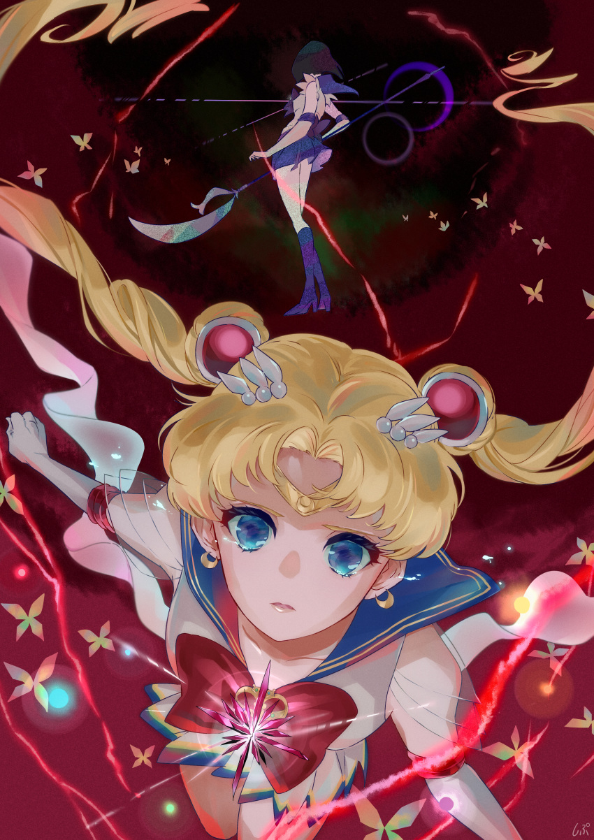 2girls absurdres bishoujo_senshi_sailor_moon black_hair blonde_hair blue_eyes blue_sailor_collar boots circlet collarbone collared_shirt crescent crescent_earrings double_bun earrings elbow_gloves floating_hair gloves hair_intakes high_heel_boots high_heels highres holding holding_polearm holding_weapon huge_filesize jewelry knee_boots long_hair looking_at_viewer miniskirt multiple_girls polearm purple_footwear sailor_collar sailor_moon sailor_saturn sailor_senshi_uniform sailor_shirt shipu_(gassyumaron) shirt short_hair skirt sleeveless sleeveless_shirt super_sailor_moon twintails very_long_hair weapon white_gloves white_shirt white_skirt