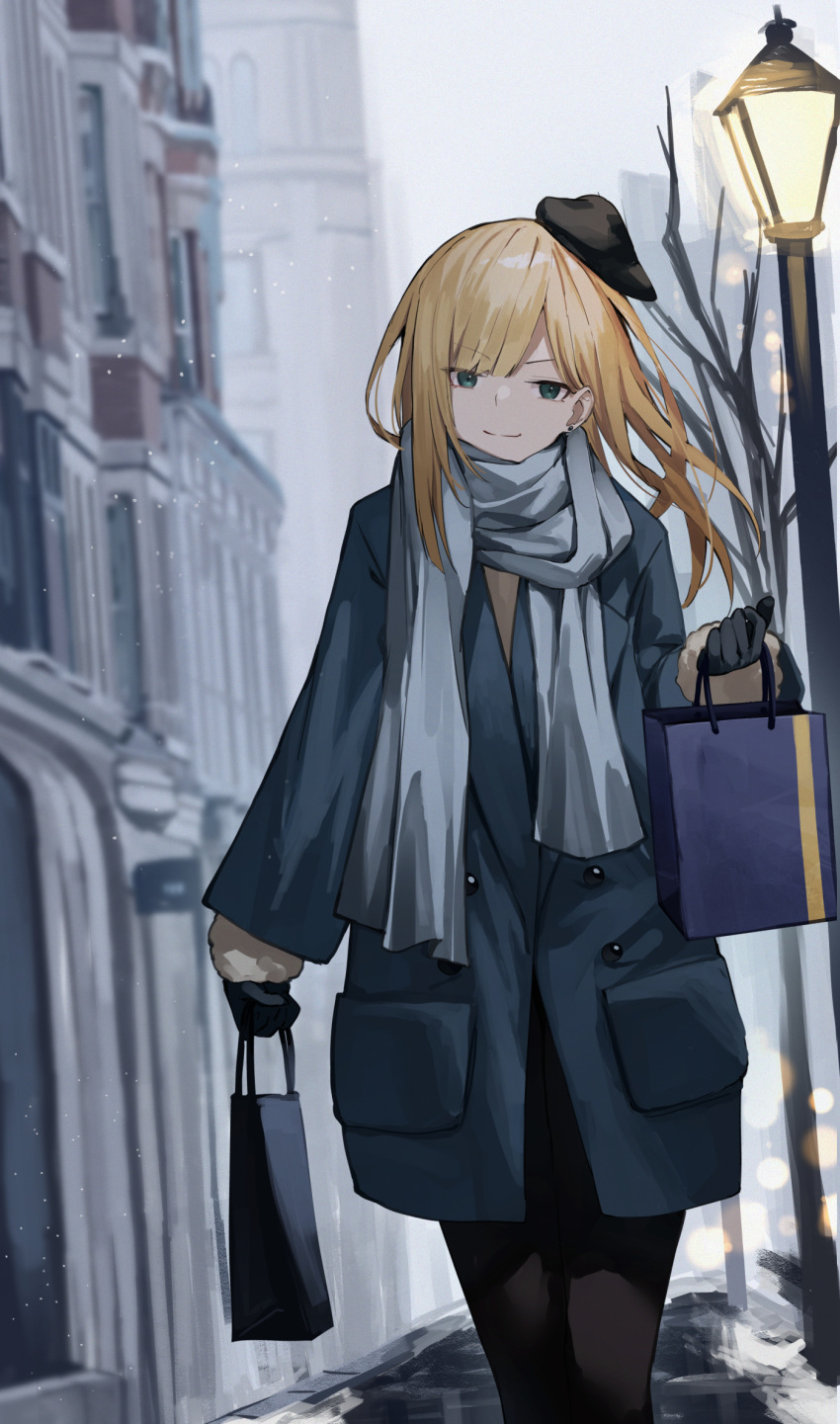 1girl aqua_eyes bag bangs beret black_legwear blonde_hair blue_jacket blush breasts fate_(series) gloves hat highres jacket lamppost long_hair long_sleeves looking_at_viewer lord_el-melloi_ii_case_files pantyhose reines_el-melloi_archisorte shopping_bag small_breasts smile thighs tilted_headwear yuuuuu