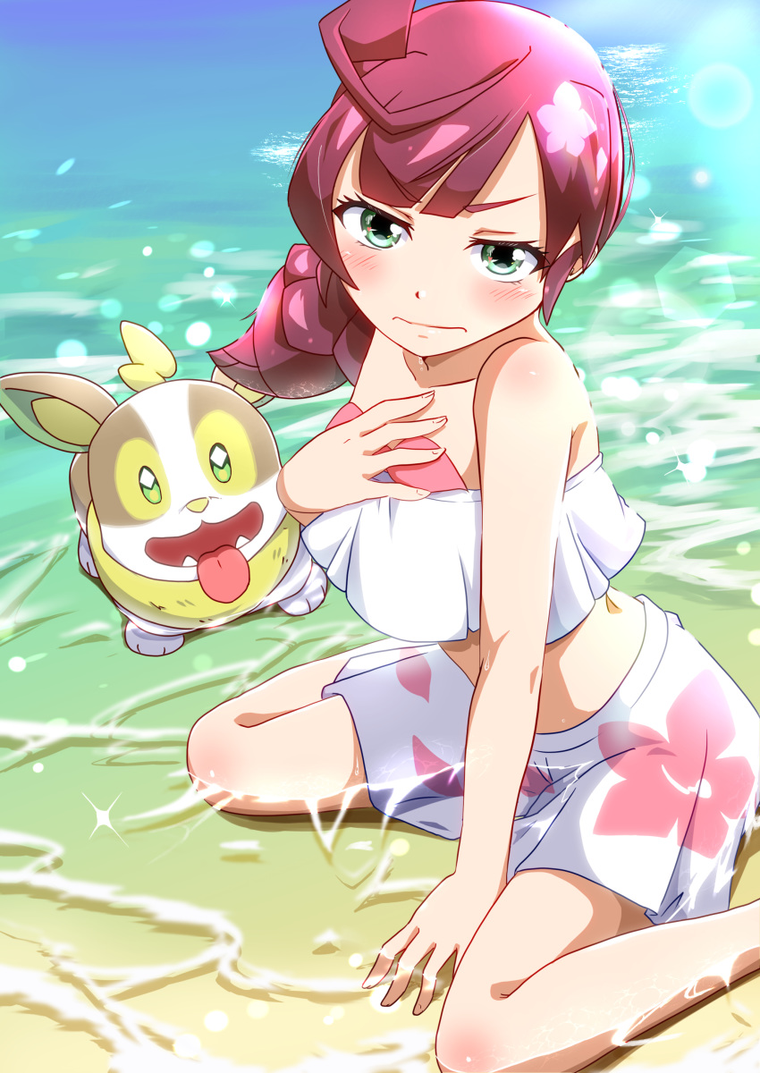 1girl :3 absurdres ahoge bangs bare_shoulders beach bikini bikini_skirt blush braid breasts chloe_(pokemon) closed_mouth collarbone commentary_request day embarrassed eyebrows_visible_through_hair fangs floral_print gen_8_pokemon gradient gradient_background green_eyes hand_on_own_chest hand_up happy heart heart_in_eye highres lens_flare long_hair looking_at_viewer negimiso1989 open_mouth outdoors pink_hair pokemon pokemon_(anime) pokemon_(creature) pokemon_swsh_(anime) shiny shiny_hair single_braid sitting small_breasts smile solo_focus strapless strapless_bikini sunlight swimsuit symbol_in_eye tied_hair tongue tongue_out wariza water white_bikini yamper