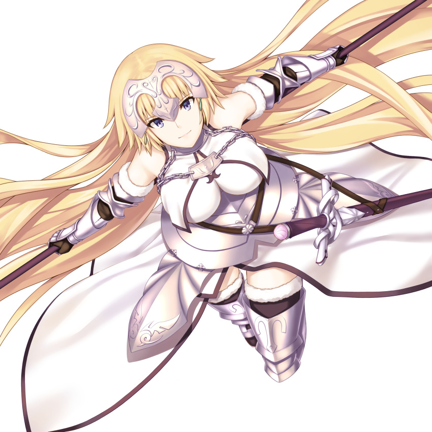 1girl armor armored_boots armored_dress black_legwear blonde_hair blue_eyes boots breasts breasts_apart chain closed_mouth dress enchuu_kakiemon fate/apocrypha fate_(series) faulds floating_hair fur-trimmed_legwear fur_trim gauntlets headpiece highres holding holding_polearm holding_weapon jeanne_d'arc_(fate) jeanne_d'arc_(fate)_(all) large_breasts long_hair looking_at_viewer polearm ruler_(fate/apocrypha) sheath sheathed simple_background sleeveless sleeveless_dress smile solo sword thigh-highs thigh_boots very_long_hair weapon white_background white_dress