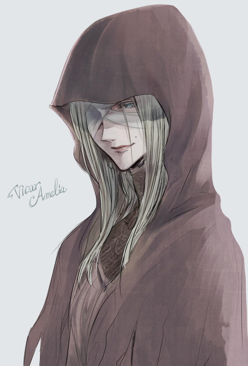 1girl bandaged_head bandages blonde_hair bloodborne brown_cloak character_name cloak closed_mouth commentary_request grey_background highres hood hood_up itsuki_(itsukiovo) lips long_hair looking_at_viewer mole one_eye_covered simple_background sketch smile solo upper_body vicar_amelia