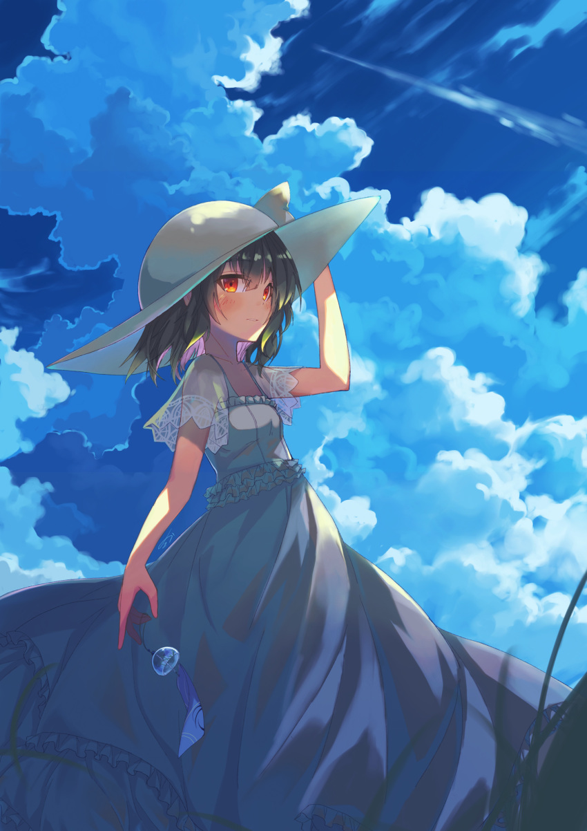 1girl arm_up bangs black_hair blue_sky blush bow clouds cloudy_sky commentary_request day dress eyebrows_visible_through_hair frilled_dress frills grey_dress hair_between_eyes hand_on_headwear hat hat_bow highres idolmaster idolmaster_shiny_colors long_hair looking_at_viewer looking_to_the_side morino_rinze multicolored_hair outdoors parted_lips pink_hair red_eyes see-through see-through_sleeves short_sleeves sky solo sorano_eika sun_hat two-tone_hair white_bow white_headwear wind_chime